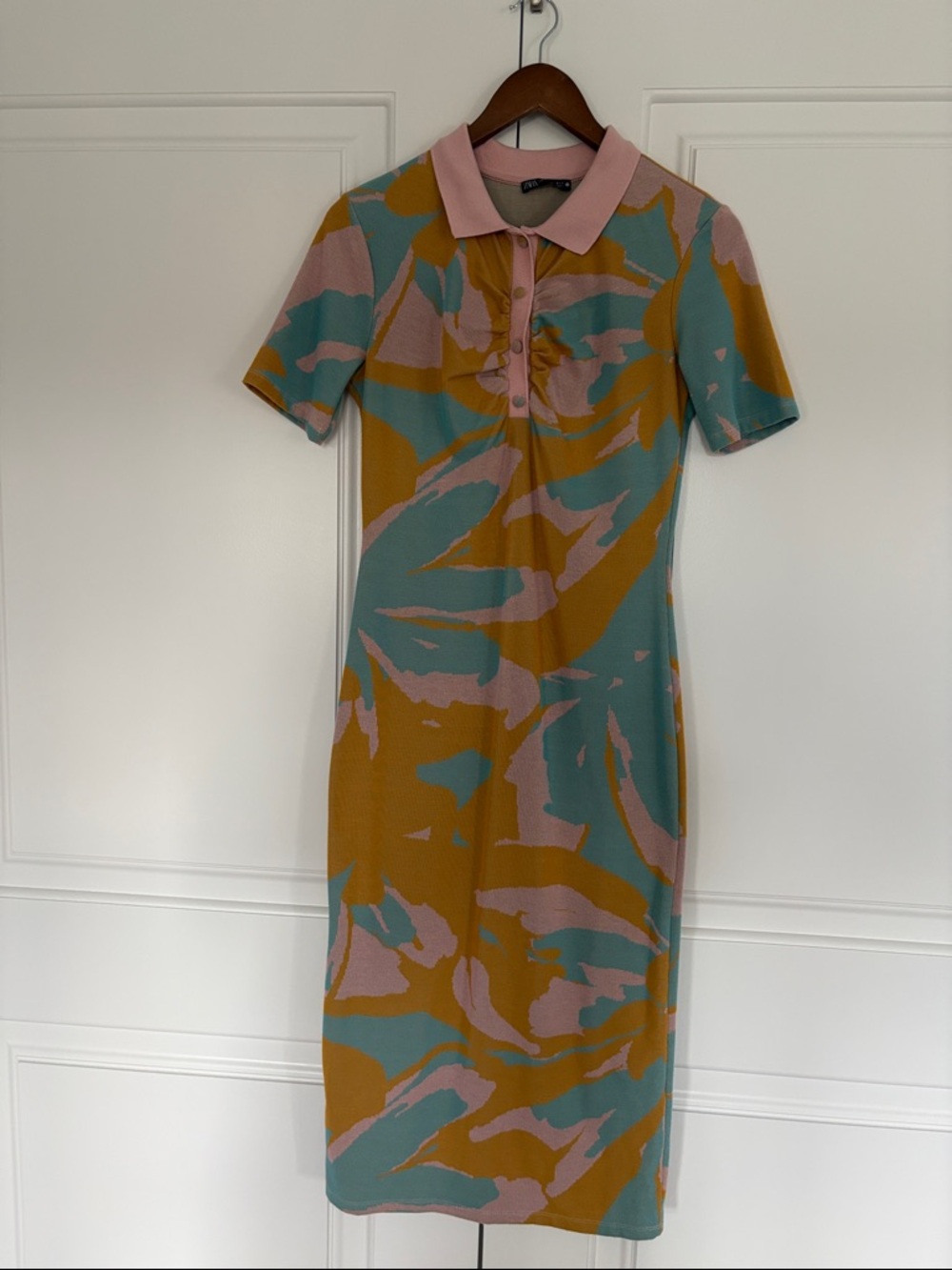 Zara Abstract Polo Midi Dress in Pink, Teal & Mustard